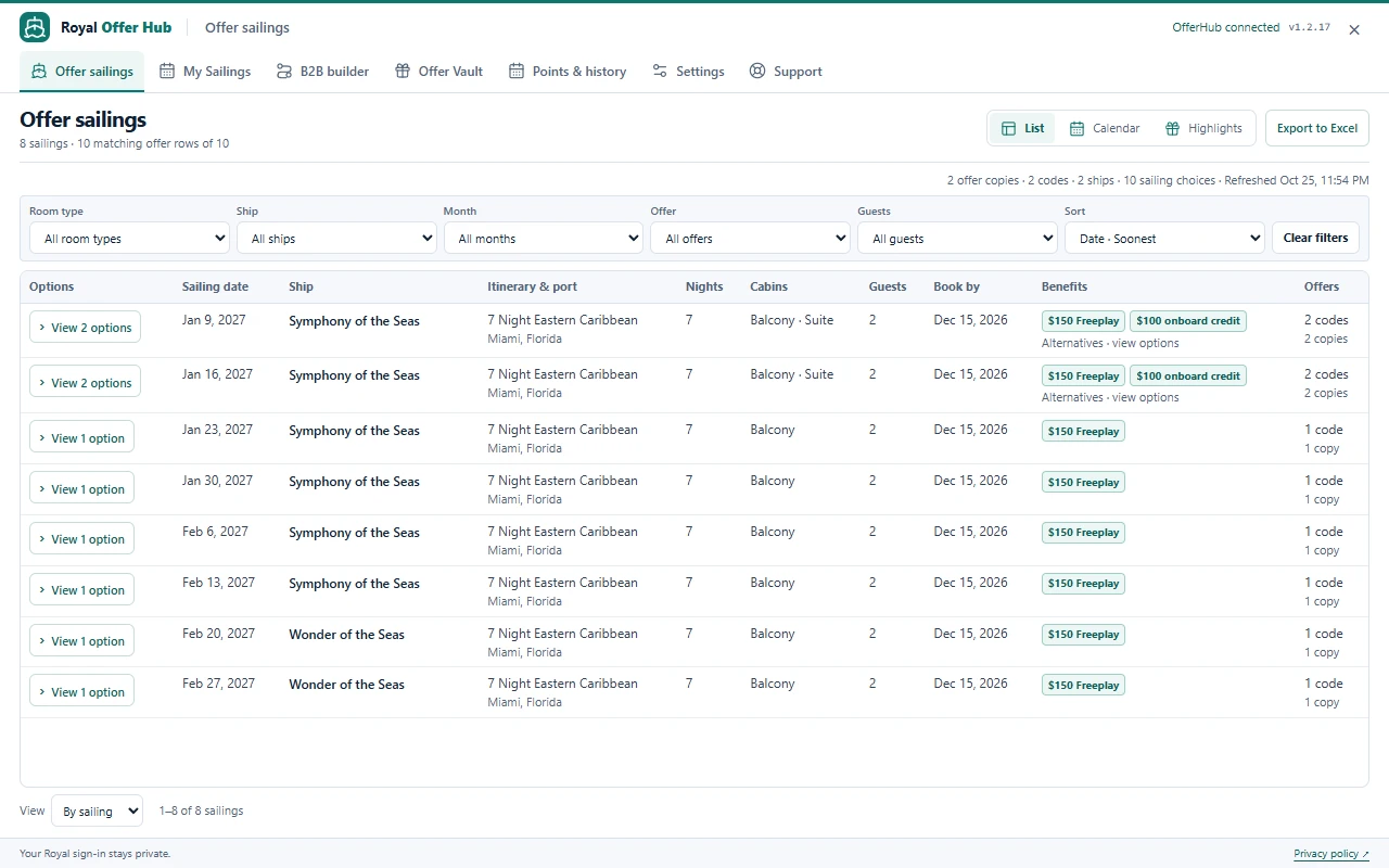 Actual OfferHub extension comparing sample Club Royale offers by sailing, cabin and benefits