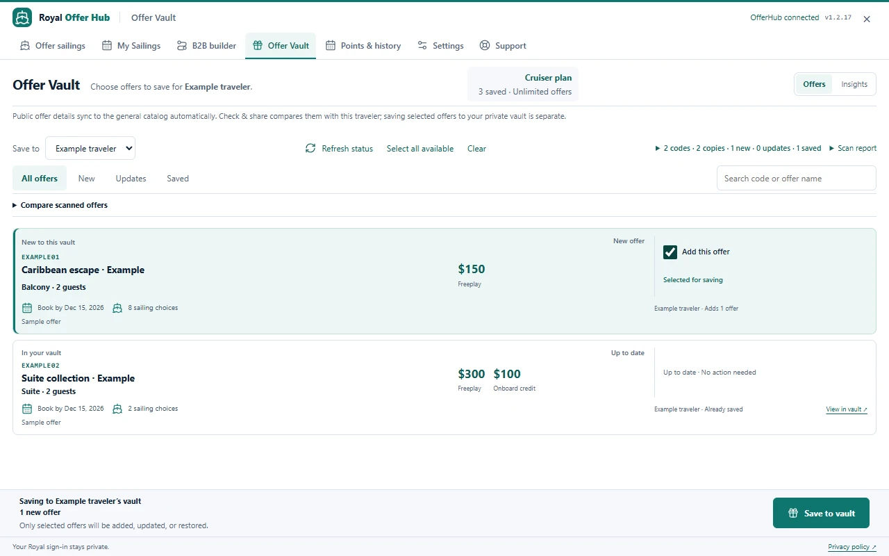 Actual OfferHub extension Offer Vault showing one example offer selected for saving and another already saved