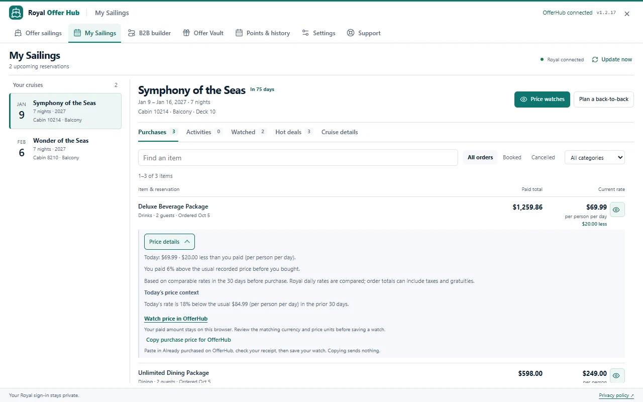 OfferHub extension purchase details showing a sample beverage package purchase alongside a current matching rate and price context