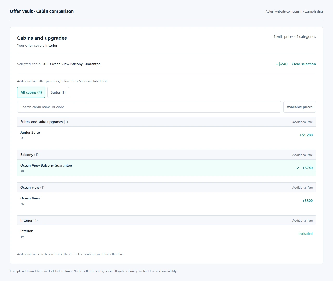 Actual Offer Vault cabin comparison component with sample Interior included, Ocean View at $300 additional fare, Balcony at $740 and Junior Suite at $1,280, before taxes