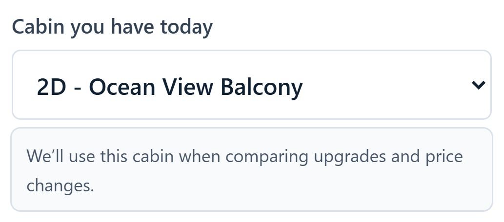 App screenshot: the current cabin field set to 2D Ocean View Balcony.