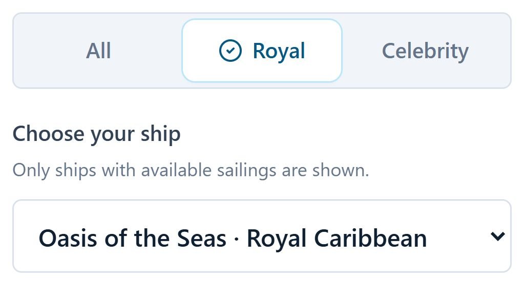 App screenshot: Royal Caribbean selected and Oasis of the Seas chosen in the ship picker.
